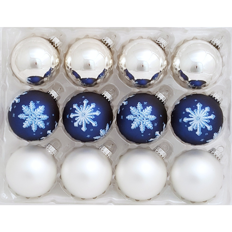 12-Pack Blue and White Shiny and Matte Ornament Set