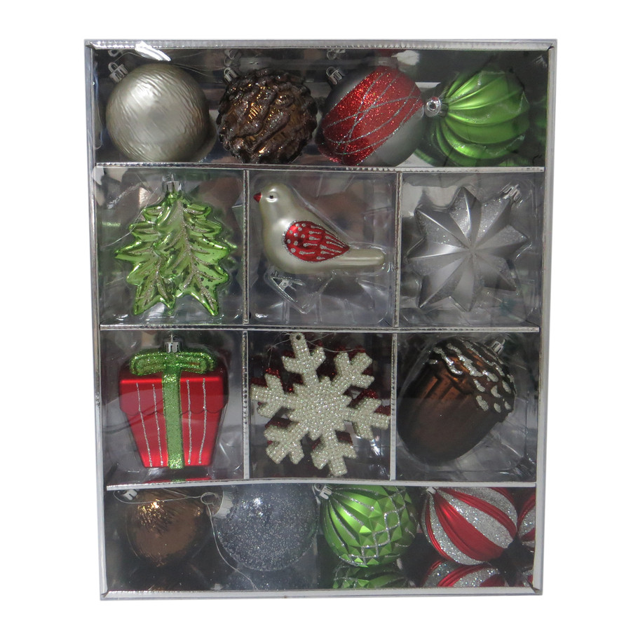 22-Pack Silver, Red, Green, Brown Ornament Set