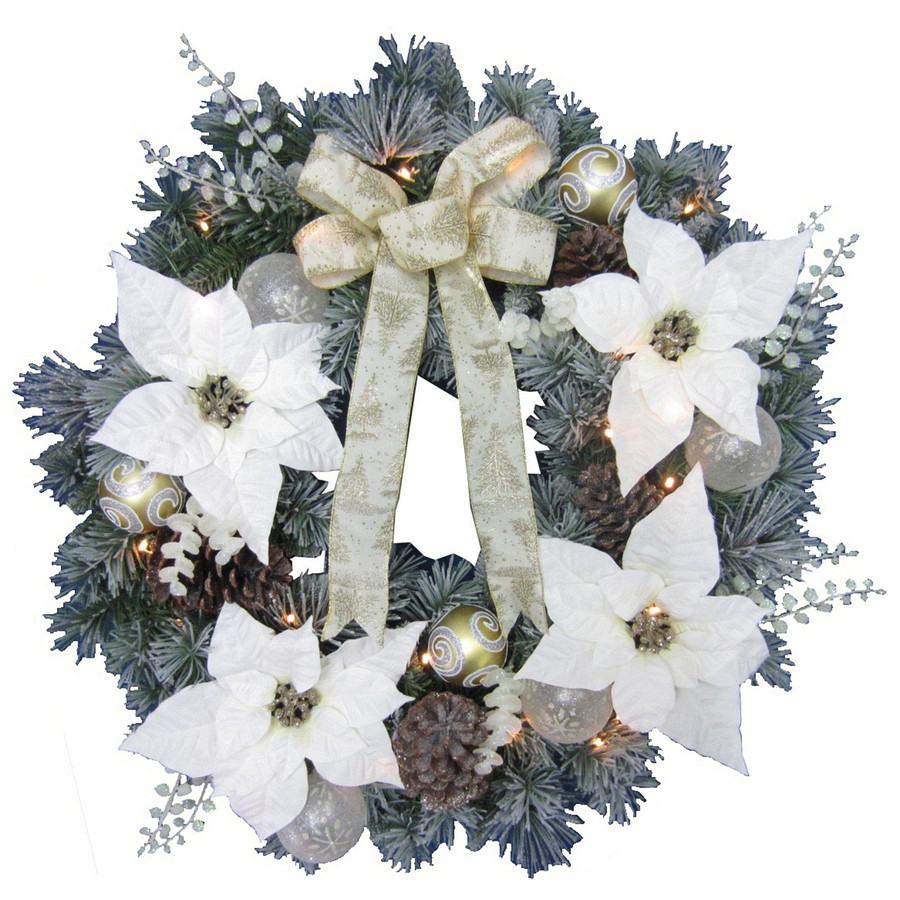 30-in Pre-Lit Indoor/Outdoor Poinsettia Artificial Christmas Wreath with White Warm LED Lights