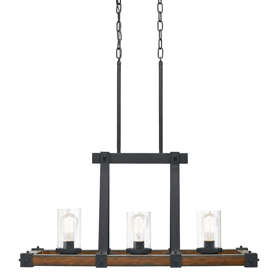 Barrington 12.01-in W 3-Light Distressed Black and Wood Kitchen Island Light with Seeded Shade