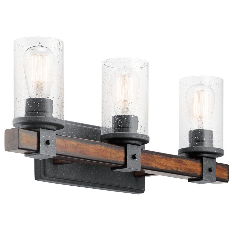 Barrington 3-Light Distressed Black and Wood Cylinder Vanity Light