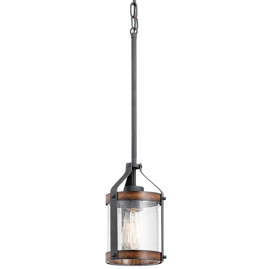 Barrington 5.5-in Distressed Black and Wood Rustic Mini Seeded Glass Cylinder Pendant